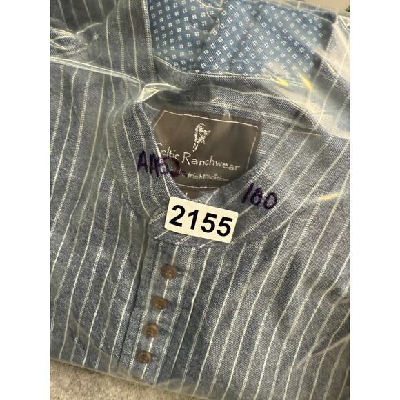 Celtic Ranchwear Shirt L Blue White Stripe Band Collar Button Cotton Linen - Picture 9 of 9